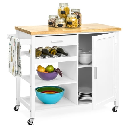 Best Choice Products Portable Kitchen Island Cocktail Cart for Serving, Storage, Decor with Wood Top, Wine Shelf, Cabinet, Drawer, Towel Rack, (Best Color For Add To Cart Button)