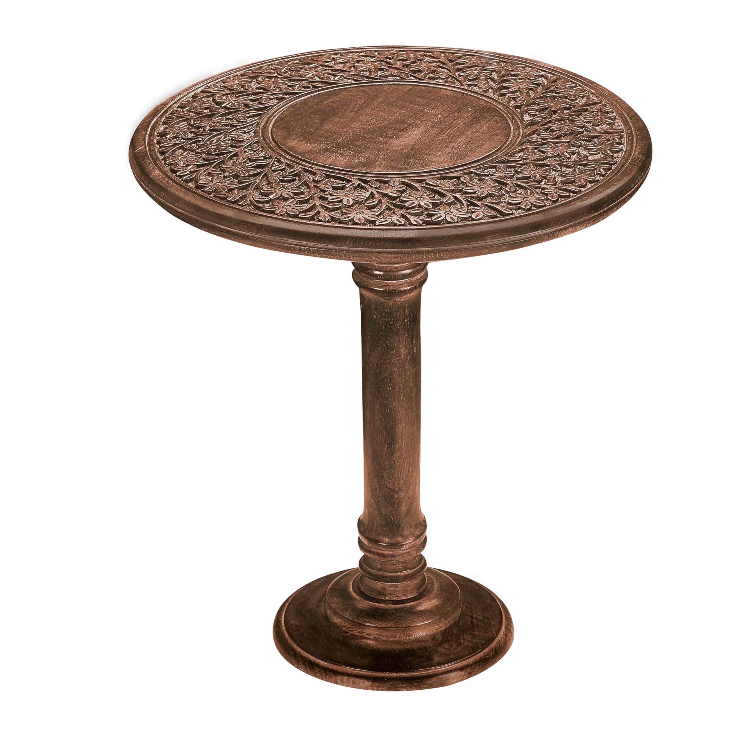 Hand-Carved Wooden End Table with Burnt Finish, 18 x 22 inch Side Table for Living Room & Bedroom Nightstand