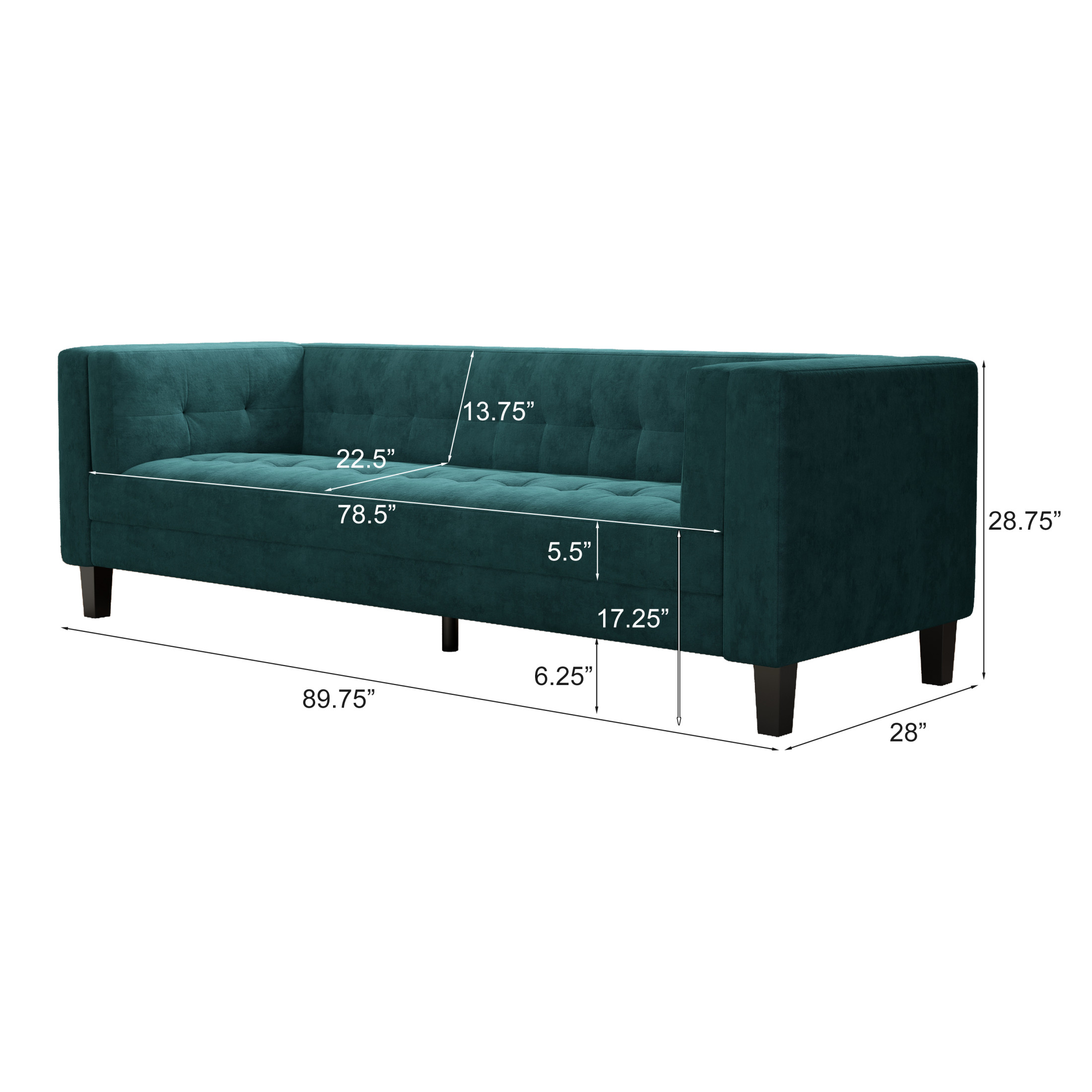 Velvet Upholstered 3-Seater Sofa with Removable Cushions, Green