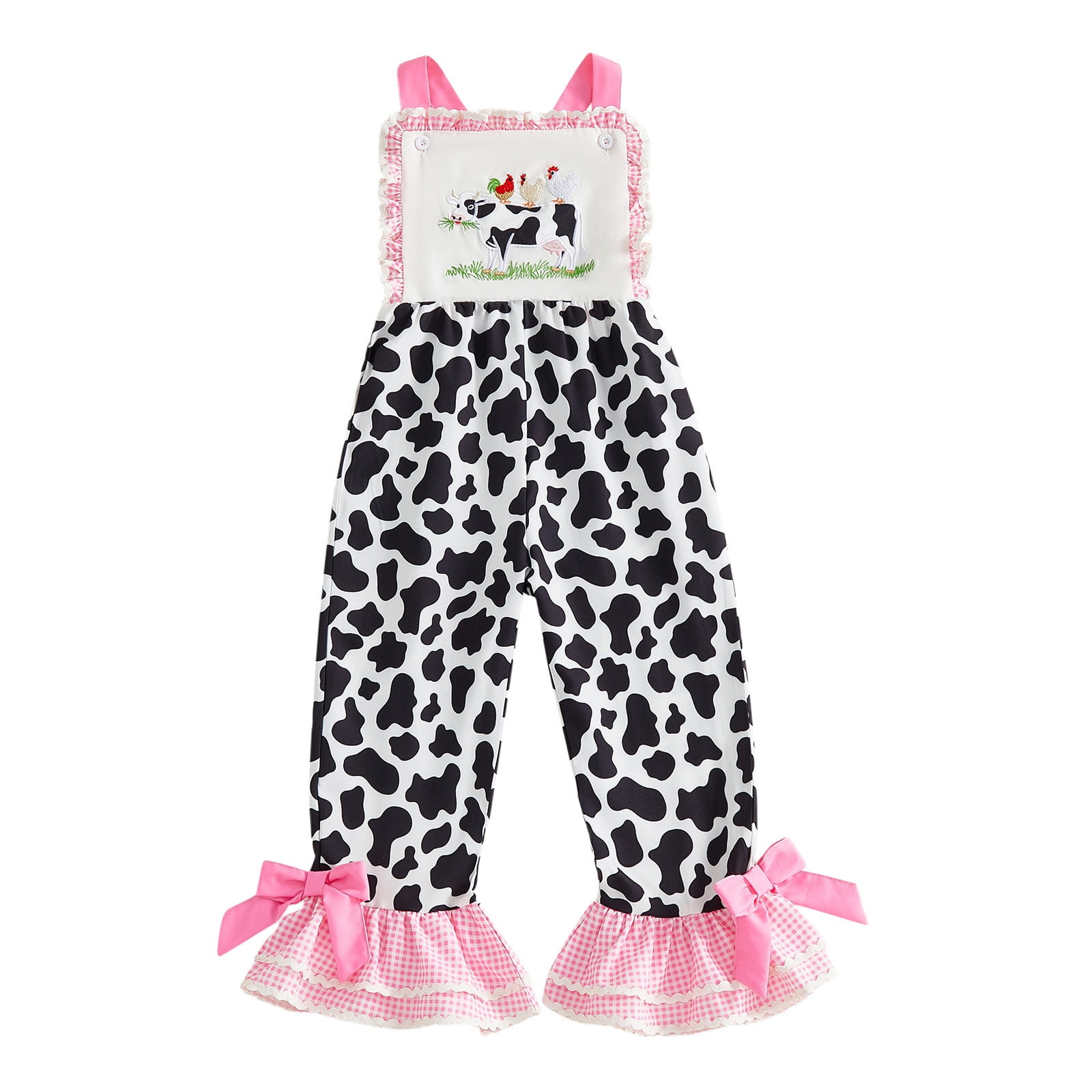 Yuncity Girls Jumpsuit Sleeveless Crew Neck Cow Print Embroider Romper Summer Cute Leisure Daily Wear Kids Onesie Sized 18-24 Months Pink