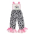 thumbnail image 4 of CUZIBR Cute Baby Girls Overall One Piece Outfits Cow Print Embroidery Ruffled Plaid Trim Romper Cute Wide Leg Suspender Trousers Adjustable Strappy Jumpsuit Spring Summer Clothes,Pink,12-18 Months, 4 of 4