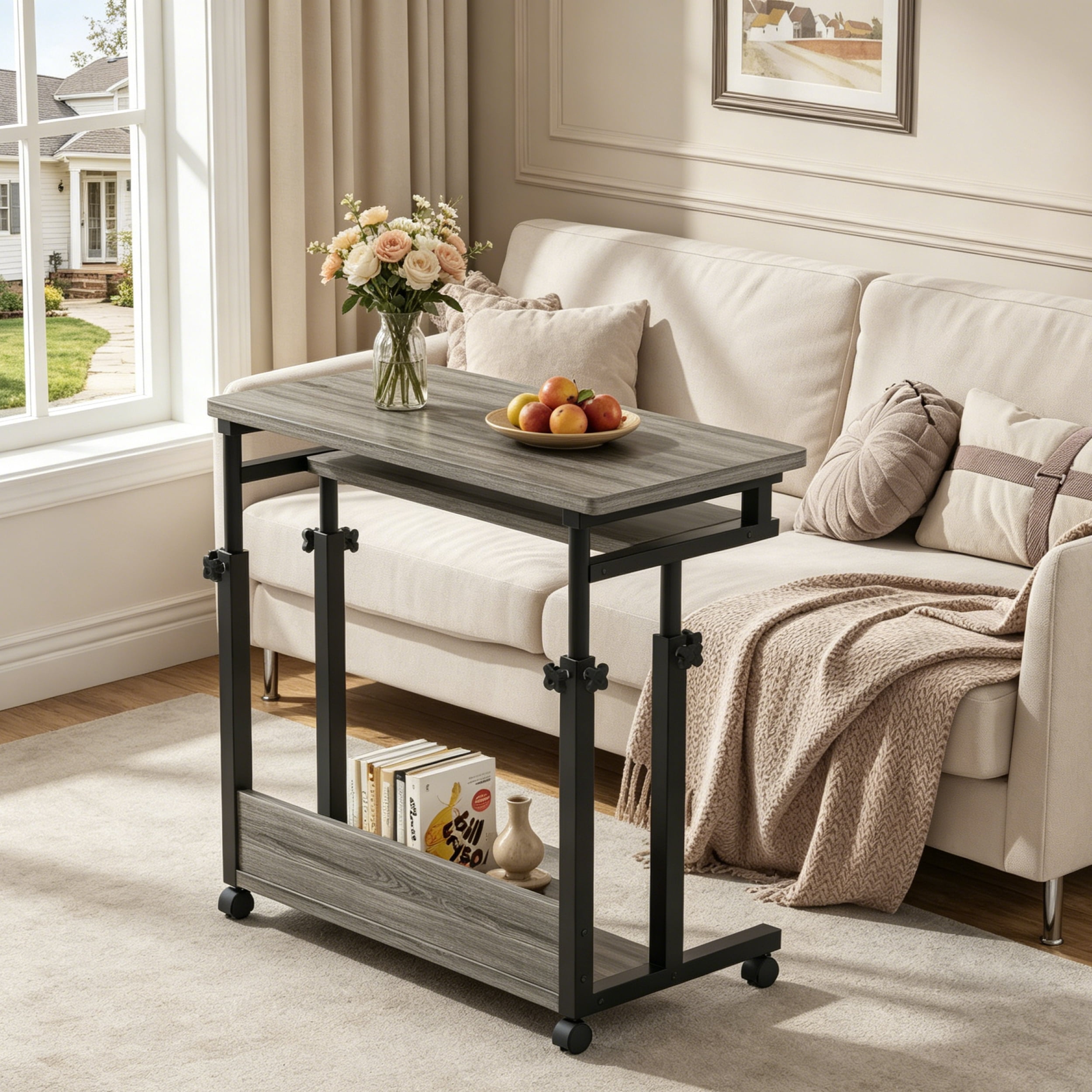 Fnova Height-Adjustable Desk with Wheels, Rolling Computer Cart with Keyboard Tray, Portable Laptop Small Standing Desk for Sofa, Bed, Home Office