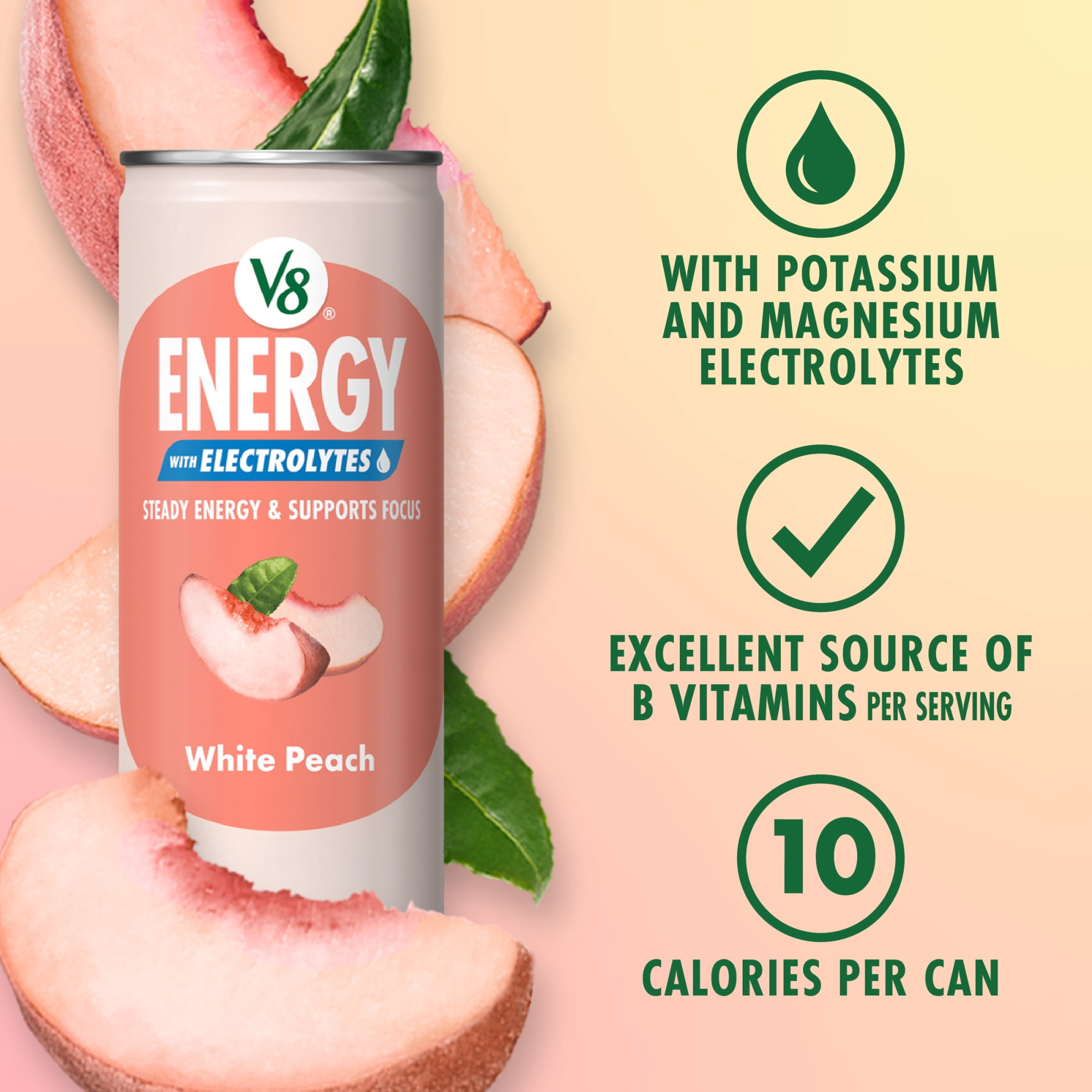 V8 Energy White Peach with Electrolytes Beverage, 8 fl oz Can