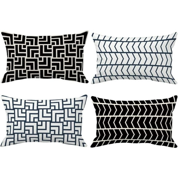 Set of 4 Modern Geometry Decorative Lumbar Pillow Case Black White Super Soft Rectangular Throw Pillow Cover 12x20 Inches Home Bedroom Decor Pillowcases Cushion Cover