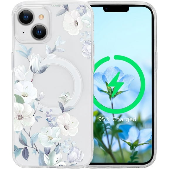 for iPhone 14 Flower Magnetic Case [Compatible with MagSafe] Cute Floral Pattern Print Clear Shockproof [Hard PC Back Soft TPU Edges] Slim Cover for Girls Women 6.1 inch, Hibiscus