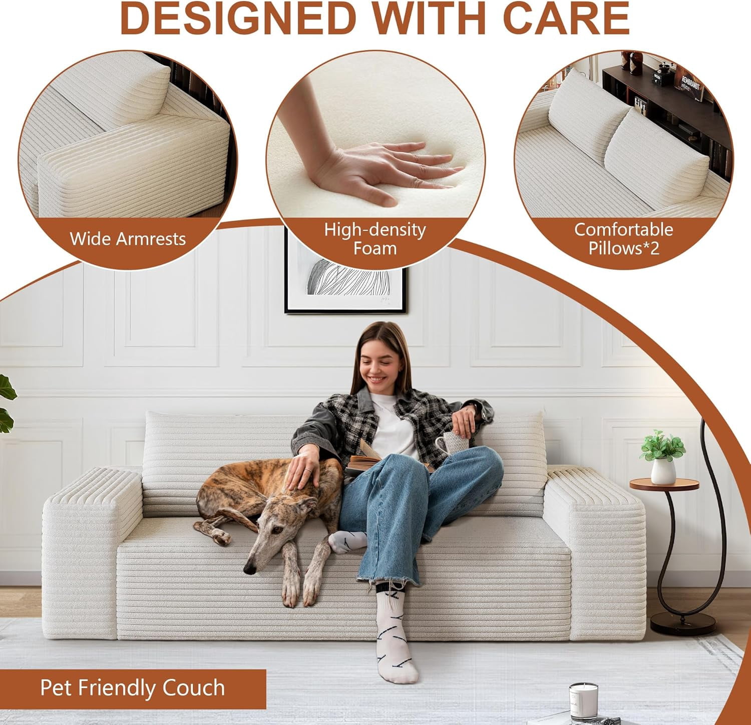 LUCKHAO 63" Corduroy Loveseat Sofa, 2-Seater Cloud Couch, Boneless Couch in a Box, Deep Seat Sofa with Memory Foam, No Assembly Required(White)