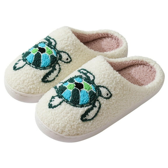 Tao Tao Women Fuzzy Turtle Prints Slipper Soft Plush Comfy Winter Warm Slip-On Couple Slippers Women Men Non-slip Fuzzy Flat Slides Green 44