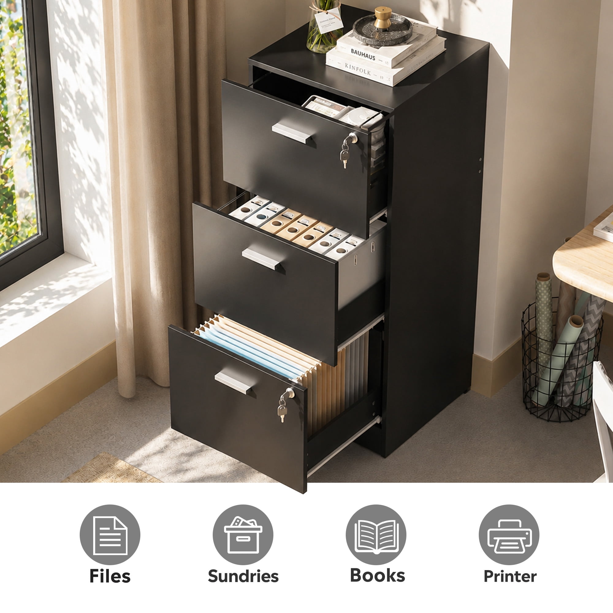GALAXHERO 3 Drawers File Cabinets, Wood Vertical Filing Cabinet with Lock for Home Office, Letter/A4 Size, Black