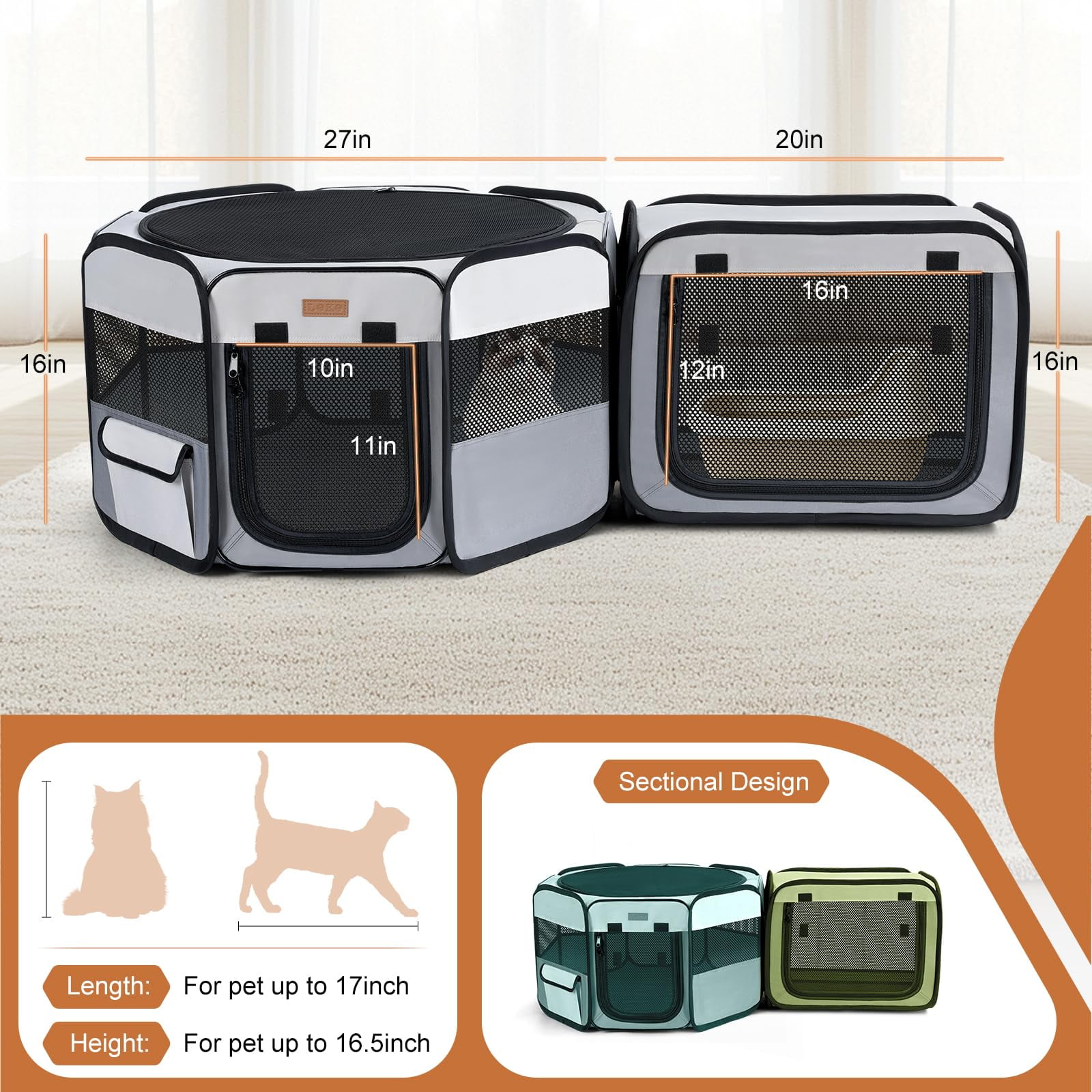 Lekereise Portable Cat Playpen, 47" × 16" Cat Playpen, 2-in-1 Dog Playpen Indoor Outdoor for Cats, Puppies and Small Pets, Independently Usable, with a Carry Bag