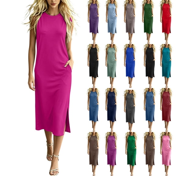 VBVC Women's Slim Sleeveless Tank Midi Dress , Casual Summer Side Slit Dress For Women , Ladies' Lightweight Crewneck Tunic Dress with Pockets,Army Green,S-2XL