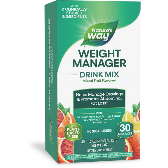Nature's Way Weight Manager Drink Mix Packs, Plant-Based Fiber, Mixed Fruit Flavored, Unisex, 30ct