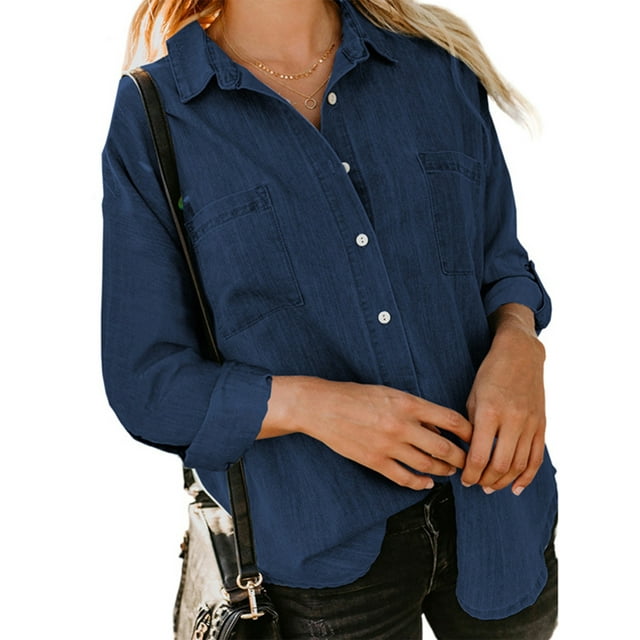 MAWCLOS Ladies Loose Curved Hem Denim Shirts Office With Pockets Tops Blue L