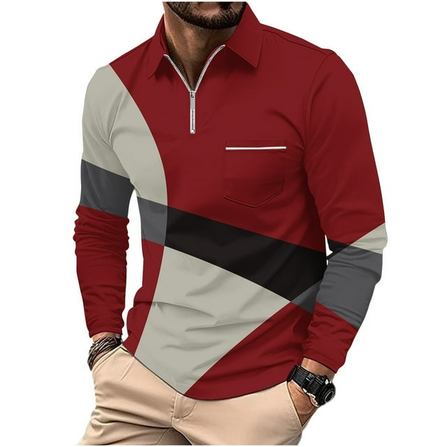 Birdeem T-Shirts à Manches Longues pour Hommes T-Shirts Décontractés Imprimés à Fermeture Éclair T-Shirt à Manches Longues Col Rabattu T-Shirts à Manches Longues pour Hommes