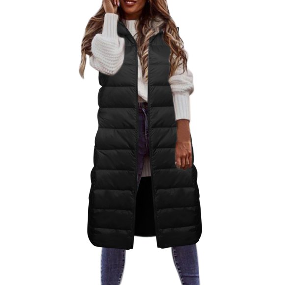 Hontri Women's Parkas, Autumn Winter New Down Vest for Women Long Over Knee Slim Versatile Hooded Down Jacket Vest Black 3Xl