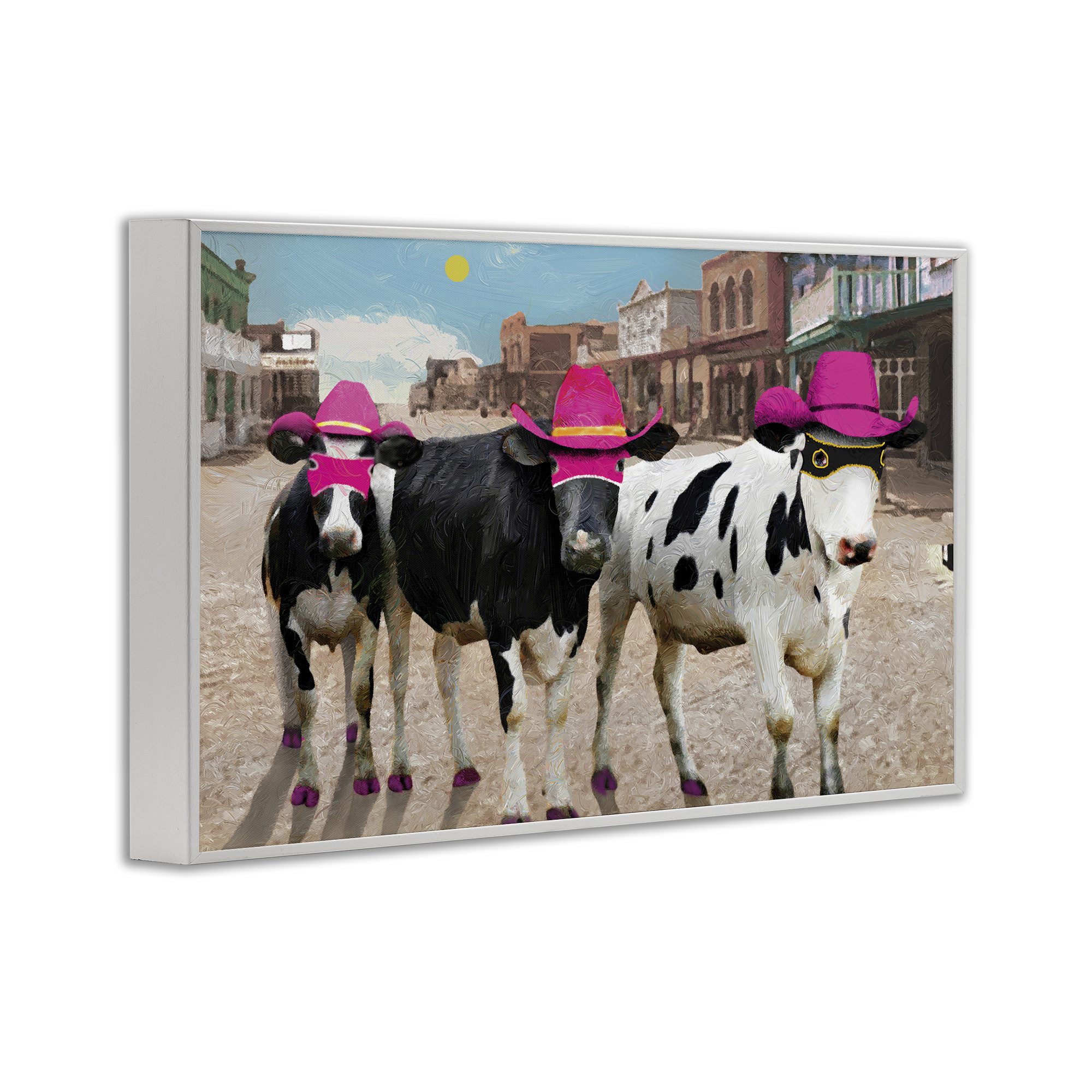 Stupell Industries Superhero Cows in Town Scenery Painting White Framed Art Print Wall Art, 18 x 12