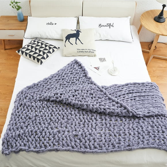 MODENNA Chunky Knit Blanket Throws Chenille Yarn, Hand Knit Throw Blanket Chunky Braided Blanket, Gray, 50"x60"