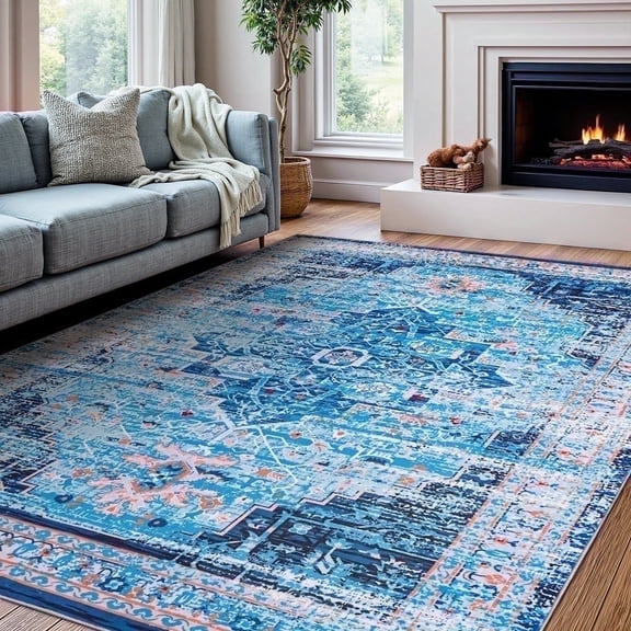 Wondiair 5x7 Machine Washable Area Rugs,Soft Non-Slip Low Pile Indoor Rug,Boho Vintage Area Rug for Living Room, Bedroom,Dining Room, Home Office (Blue)