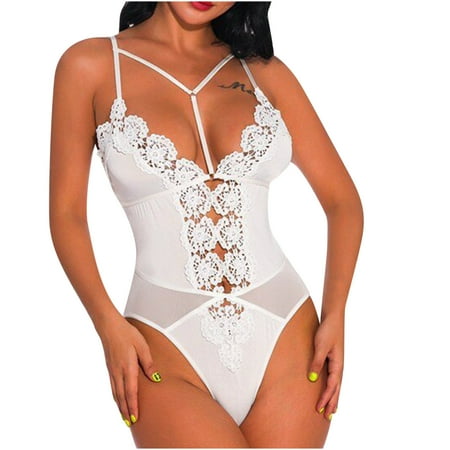 Womens Deep V Neck Lingerie See Through Sexy Floral Lace Sleeveless Spaghetti Strap Bodysuit One-piece Lace Babydoll Underwear