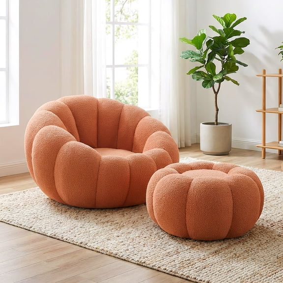 Pumpkin Shaped Lounge Chair, Comfy Single Sofa with Ottoman Set, Soft  Velvet Fabric, Ergonomic Design with Footrest for Living Room, Bedroom, Office, Brown