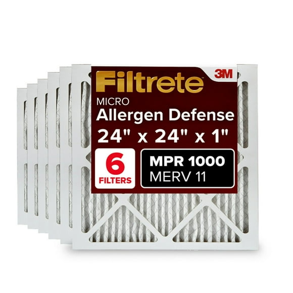 Filtrete 24x24x1 AC Furnace Air Filter, MERV 11, MPR 1000, Micro Allergen Defense, 3-Month Pleated 1-Inch Electrostatic Air Cleaning Filter, 6 Pack (Actual Size 23.81x23.81x0.81 in)