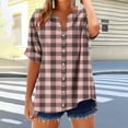 thumbnail image 4 of Women's Button Down Shirts Plaid Fold Short Sleeve Casual Tops V Neck Business Summer T Shirts Trendy Dressy Blouses, 4 of 5