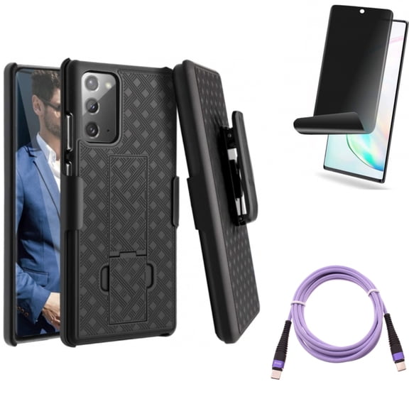Privacy Screen Protector & Purple 10ft PD Cable & Case Belt Clip for Samsung Galaxy Note 20 (6.7") - Combo with TPU Film Anti-Peep & Type-C to USB-C Fast Charger Cord & Holster Swivel