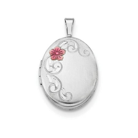925 Sterling Silver Satin Patterned Holds 2 photos With Enamel Flowers 19mm Oval Locket Locket Necklace for Women