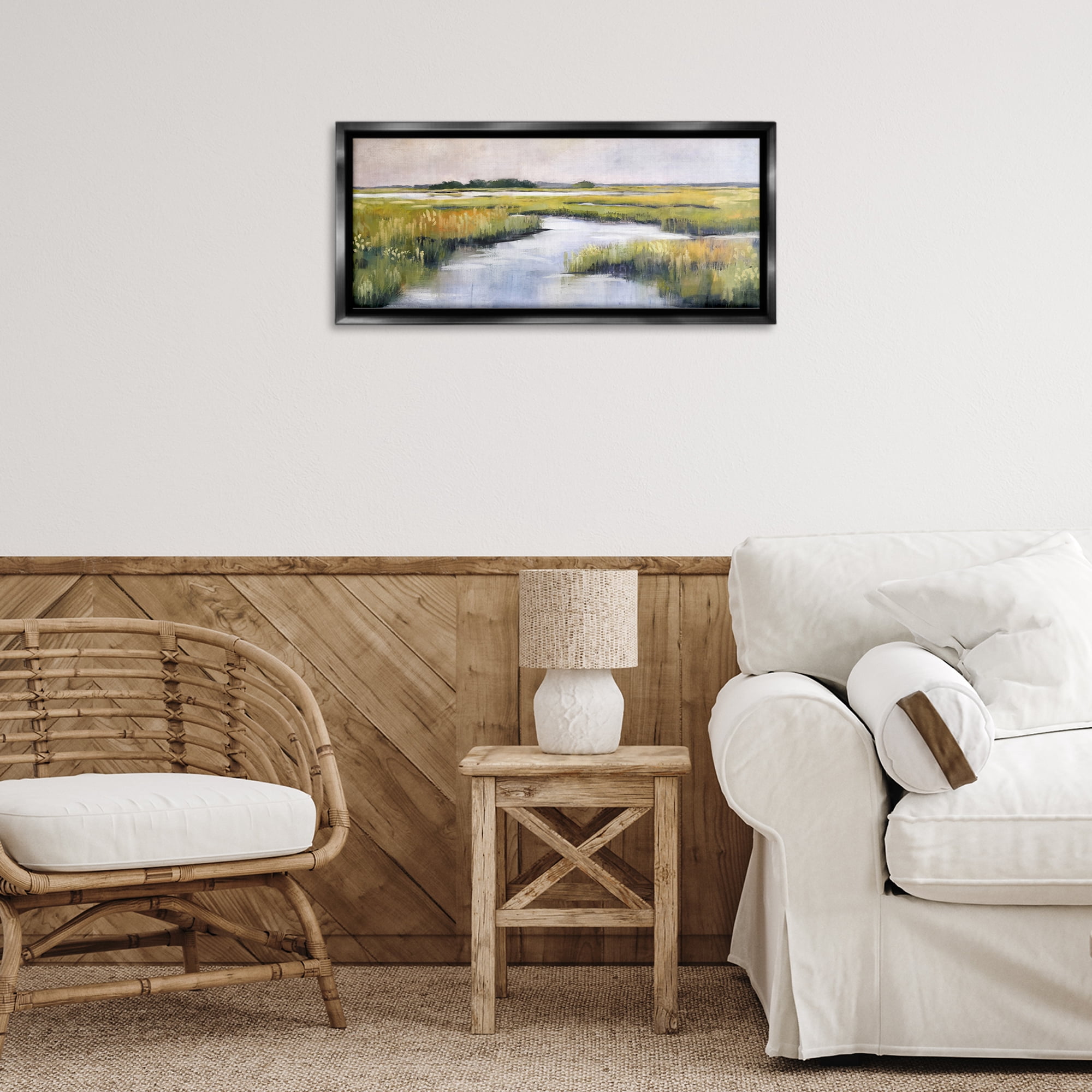 Stupell Industries Grassy Rural Marshlands Landscape & Nature Painting Black Floater Framed Canvas Art Print Wall Art, 25 x 11