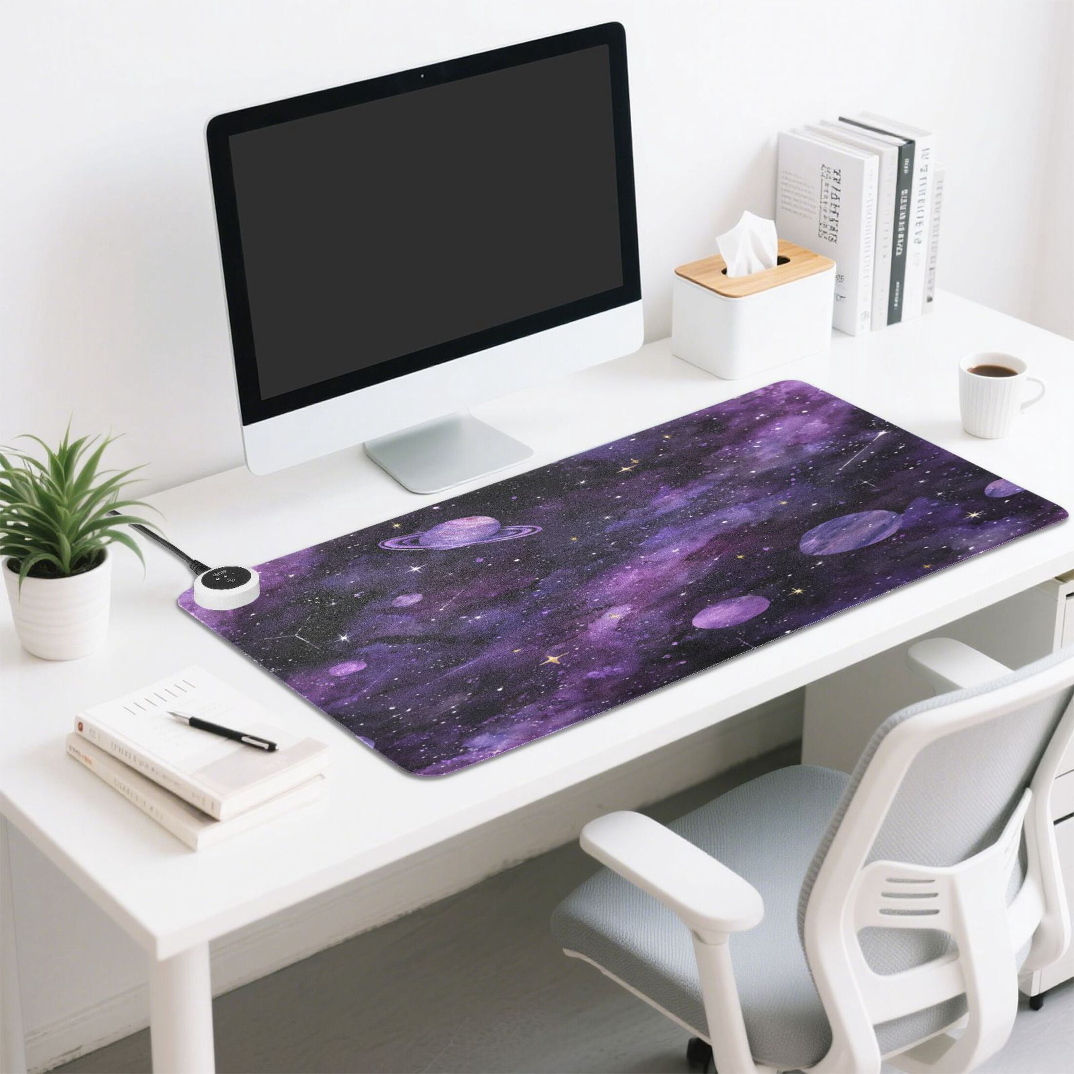 Large Heated Desk Mat Mouse Pad 31.5"x13"PU Leather Graphene Heating Desk Warmer with 3 Temperature Settings 110V US Plug Non-Slip Warm Pad for Home, Office, and Gaming Purple Galaxy Cosmic Whispers