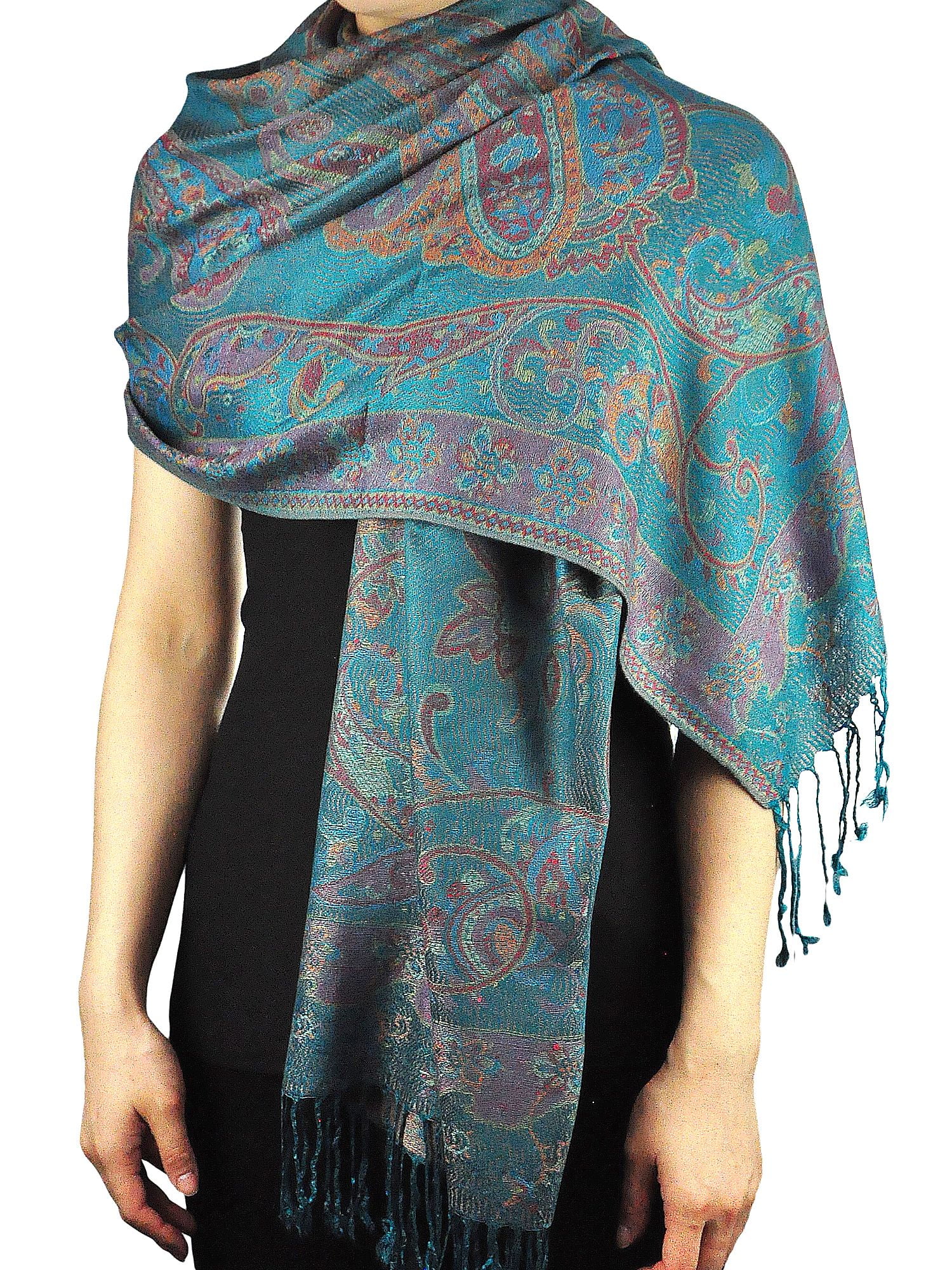 Top Quality Soft Flower Pattern with Blue Striped Border Winter Scarf 