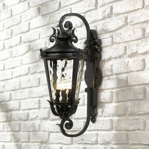 John Timberland Casa Marseille Vintage Rustic Outdoor Wall Light Fixture Black Scroll Arm 27 1/2" Clear Hammered Glass for Post Exterior Barn Deck