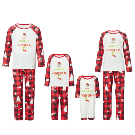 Elippeo Christmas Family Pajamas Matching Set Cartoon Letter Print Raglan Sleeve Tops and Elastic Plaid Pants Loungewear