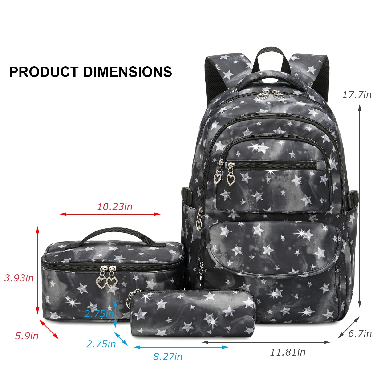 Black Star Print School Backpacks Set for Teen with Lunch Bag Water Resistant Lightweight Large Books Bag