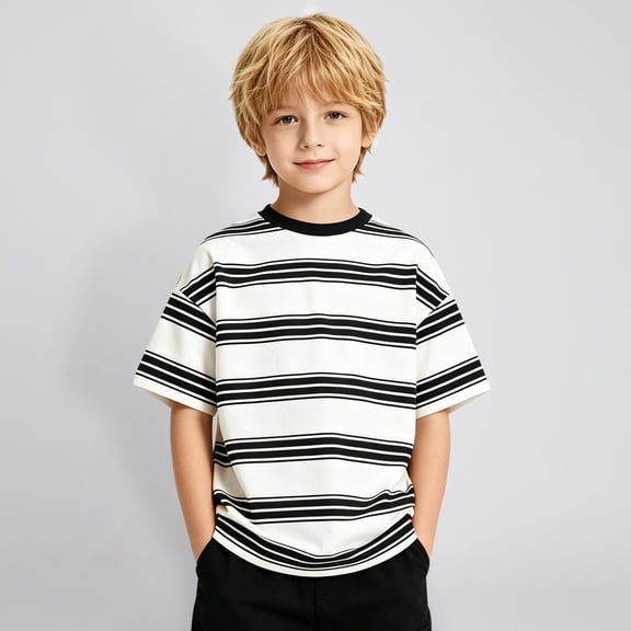 HUITKMM Kids Polyester Striped Tee Boys Black White Short Sleeve Crew Neck T-Shirt Daily Wear