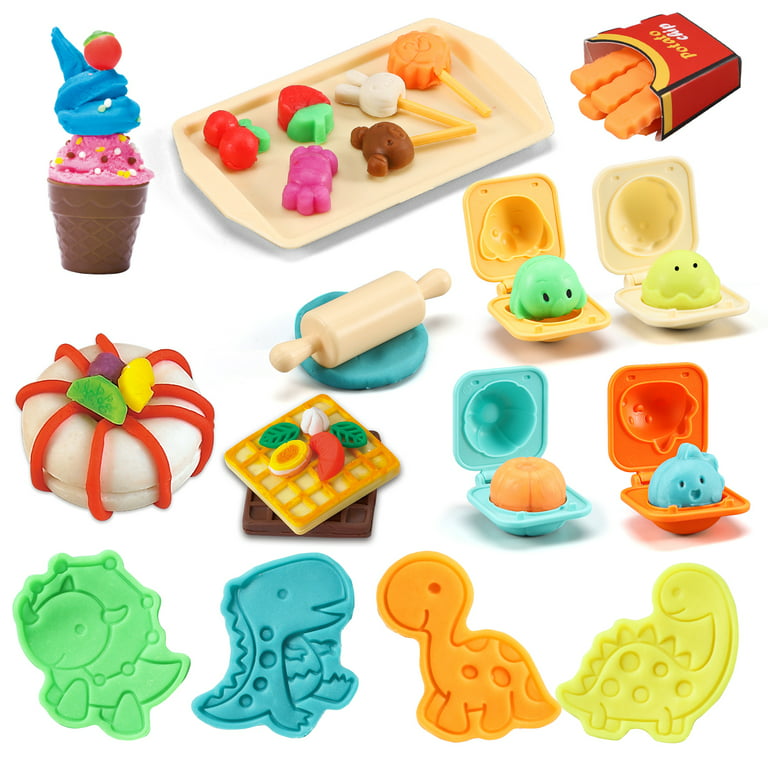  Color Dough Set Birthday Cake Color Dough Kitchen Creations  Hamburger Maker Tools Kit for Kids Ages 4-8, Birthday Party Pretend Toys  Gift,42 Pieces, with Candles and Dino Cookies : Toys 