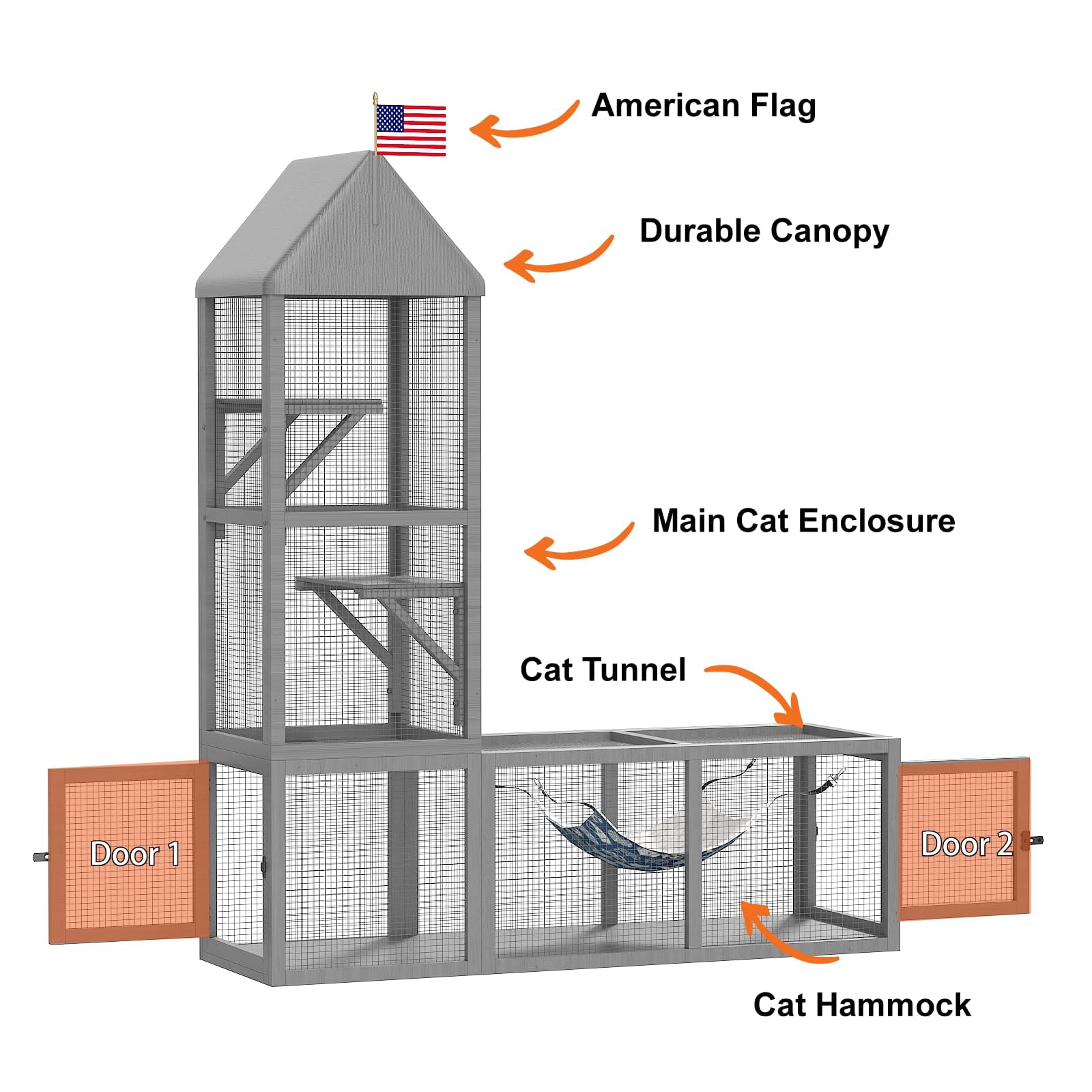 Catio Outdoor Cat Enclosure with Tunnel, 2 in 1 Outside Pet Playground Include 1 Catio and 1 Tunnel, Cat Enclosure with Cats Hammock and Waterproof Cover, Indoor Outdoot Cats Cage with 2 Door