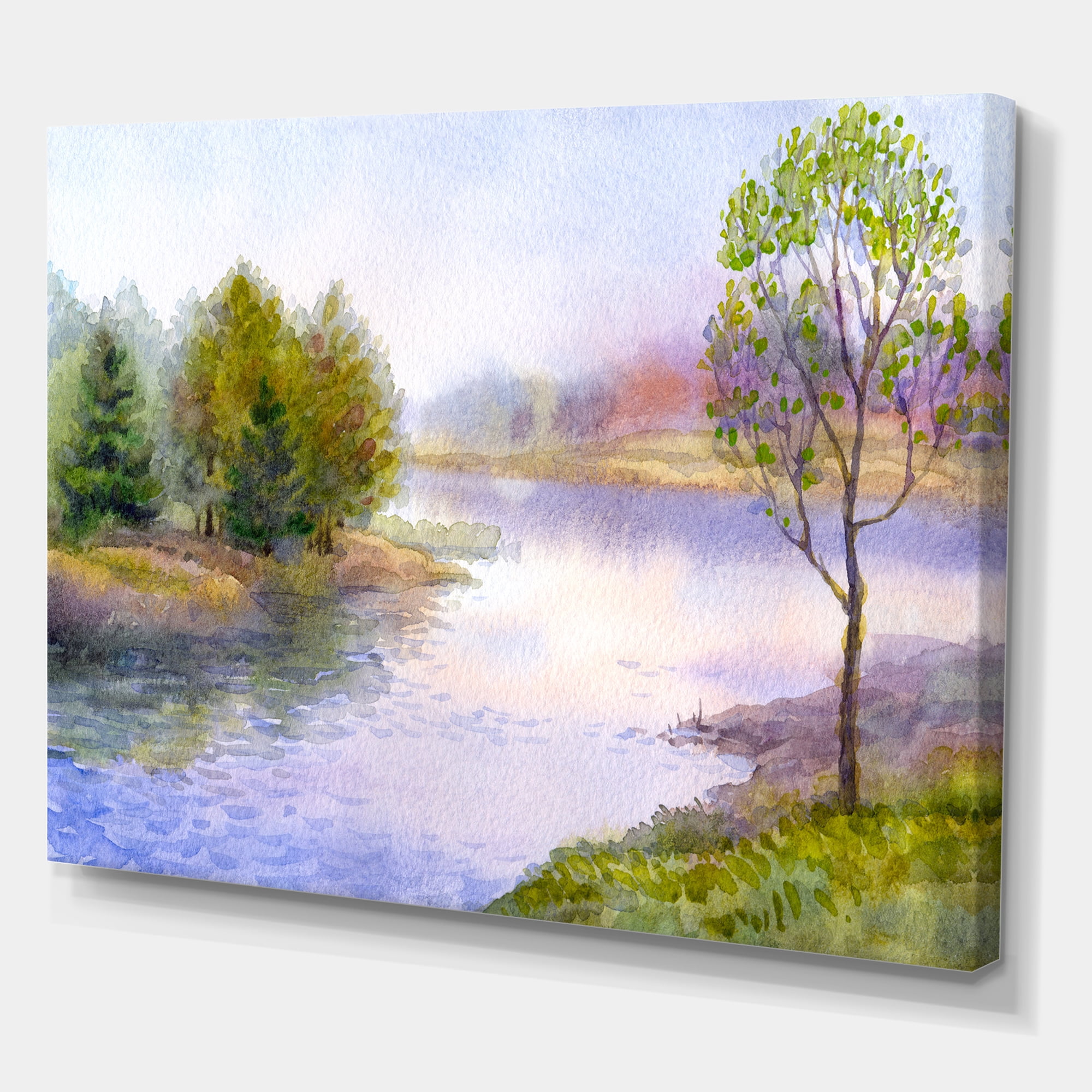Designart ' Trees On The Bank Of River ' Lake House Canvas Wall Art Print