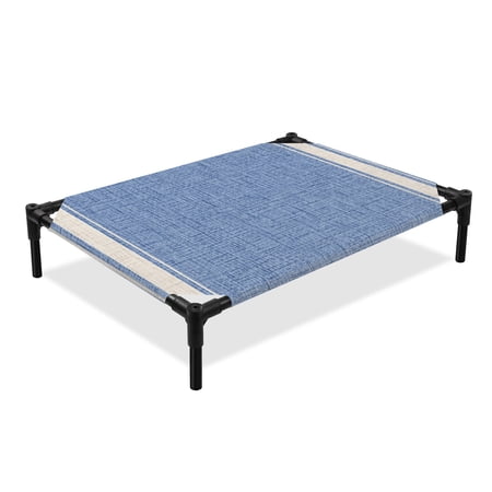 Woven Fabric Elevated Dog Bed Rustic Vintage White Stripe Denim Blue Linen Texture Cooling Breathable Outdoor Raised Dog Cot Bed with Metal Frame Non-Slip Feet for Large Dog 28x22in