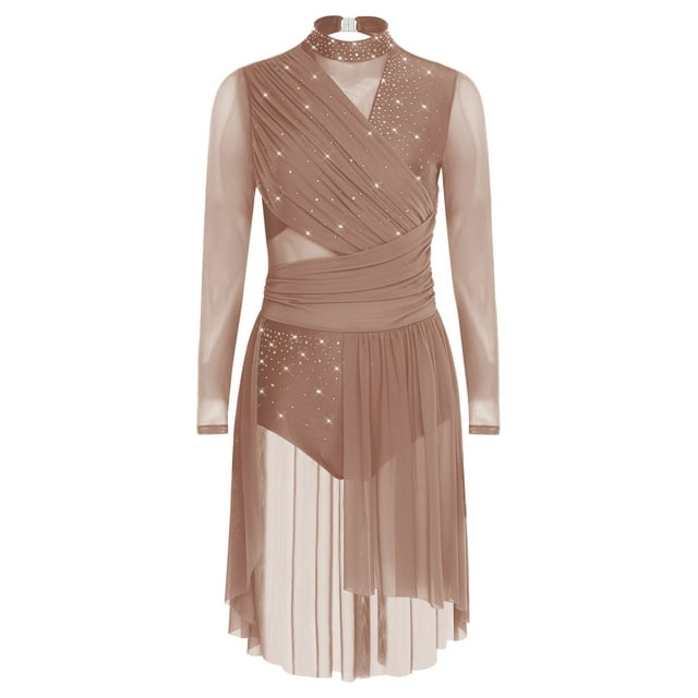 CHICTRY Robe de Danse Lyrique pour Femmes, Froncée, Dos Nu, Robes de Patinage Artistique, Robe de Danse Moderne, Rose Poudré, L