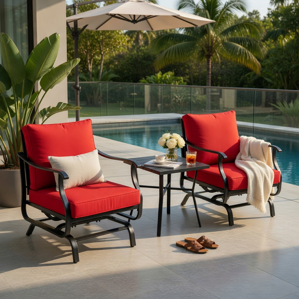 Hommoo 4-Piece Outdoor Patio Conversation Set, Steel Frame with Polyester Cushions, Includes Loveseat, 2 Chairs & Side Table for Backyard, Poolside & Garden, White & Blue