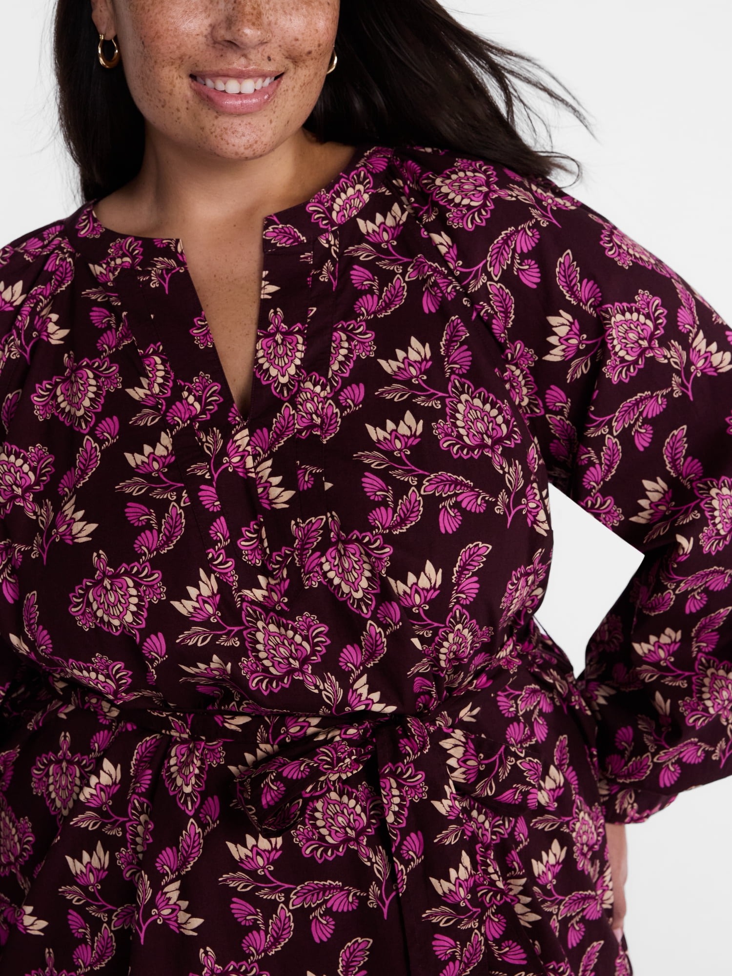 Terra & Sky Women's Plus Cotton Balloon Sleeve Tie Waist Tunic Dress, Sizes 0X-5X
