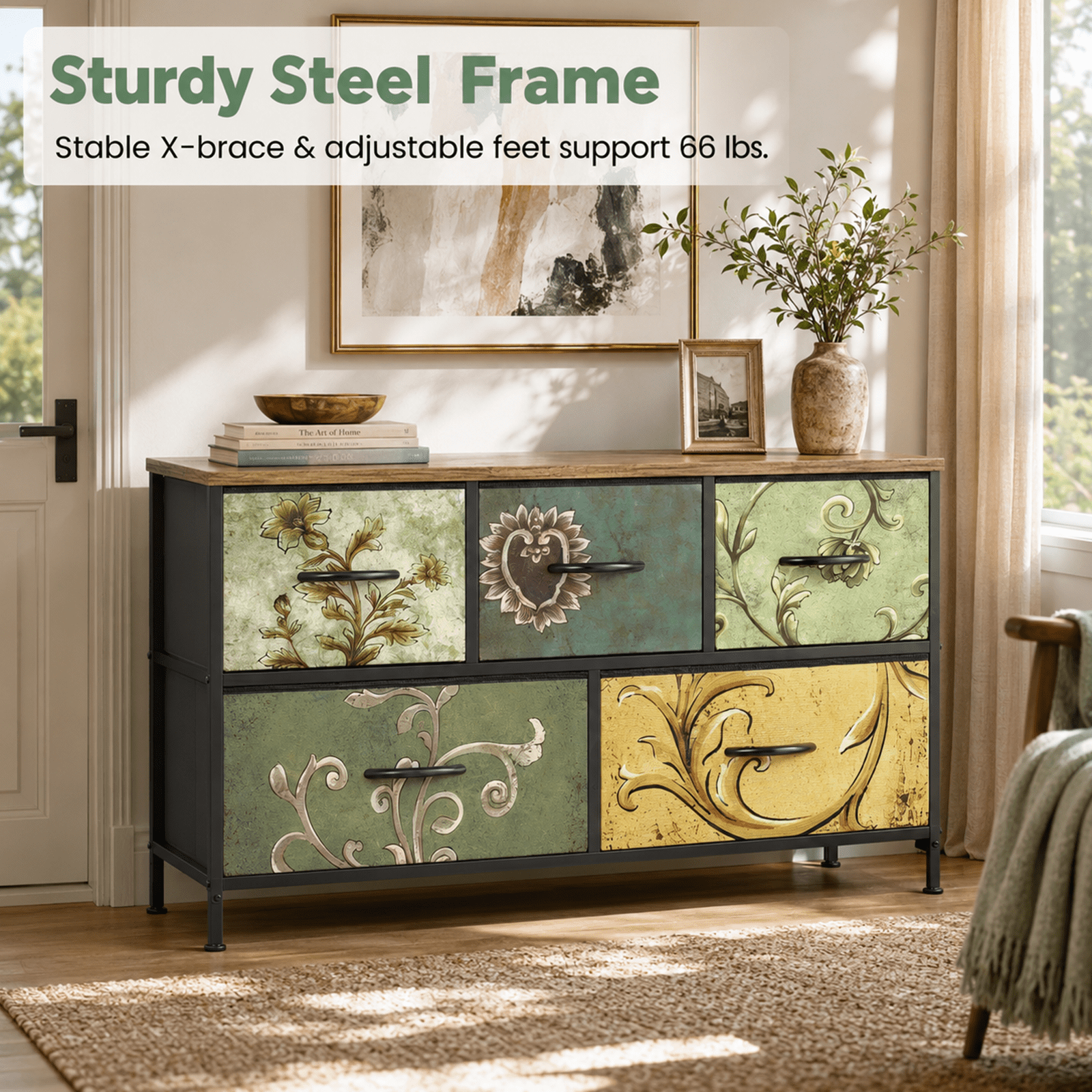 Alvantor 4/5/7/8/9-Drawer Dresser, Fabric Storage Tower for Bedroom, Hallway, Entryway, Closet, Tall Chest Organizer Unit with Fabric Bins, Steel Frame, Wood Top, Easy Pull Handle, Floral Painted