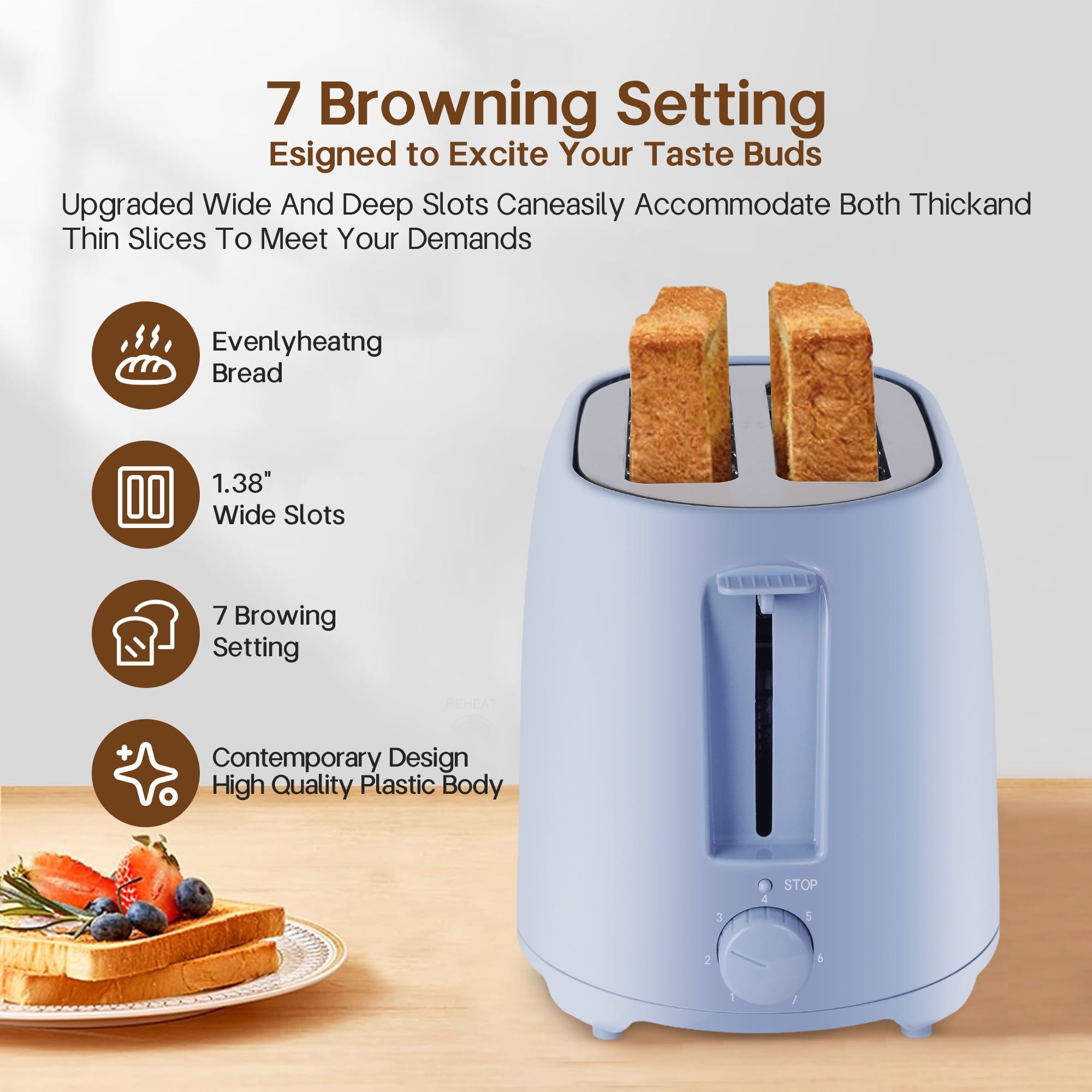 NBTX Toasters 2 Slice Wide Slot With 7-Shade Toast Settings, Slide-Out Crumb Tray, Auto-Shutoff, Faster Heating Speed, Toast Lift Perfect for Toasting Bread Bagels Waffles and Puff Pastry, Blue