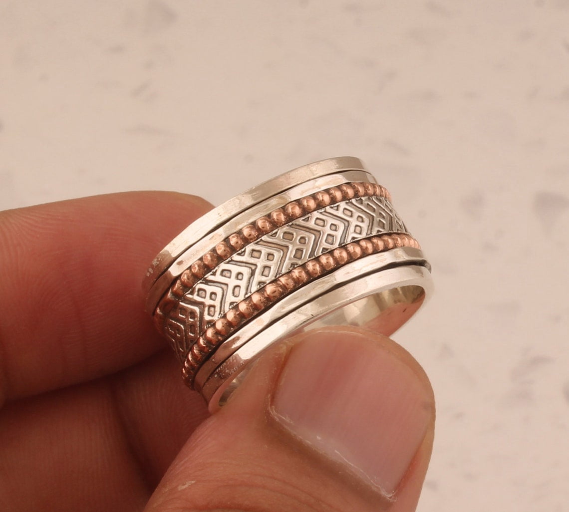 SS DESIGNS Fidget Spinner Ring Handmade 925 Sterling Silver Band | Anxiety Relief Ring, Stress Reducing Jewelry, Meditation Spinner for Men & Women
