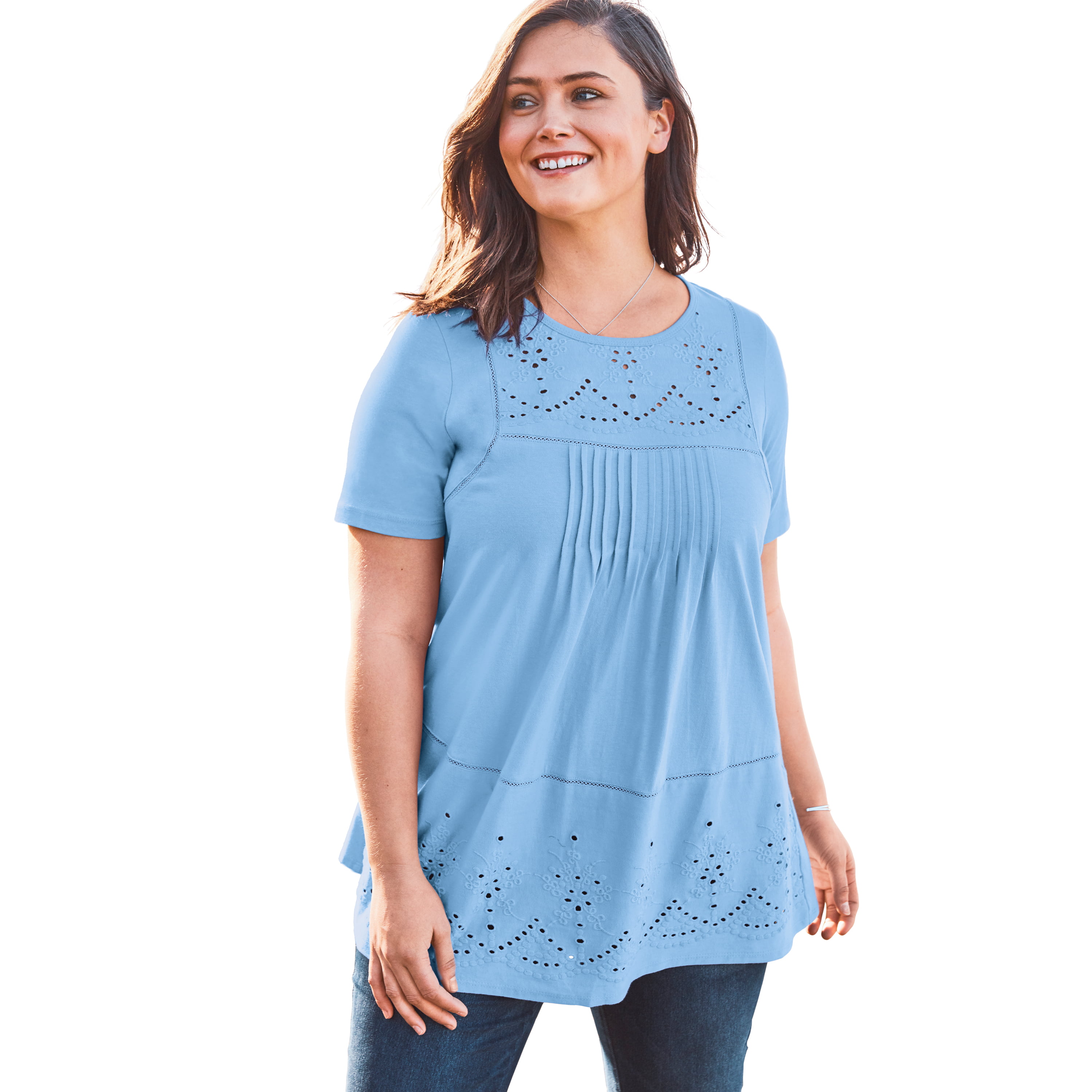 Woman Within Womens Plus Size Embroidered Eyelet Pintucked Knit Tunic 