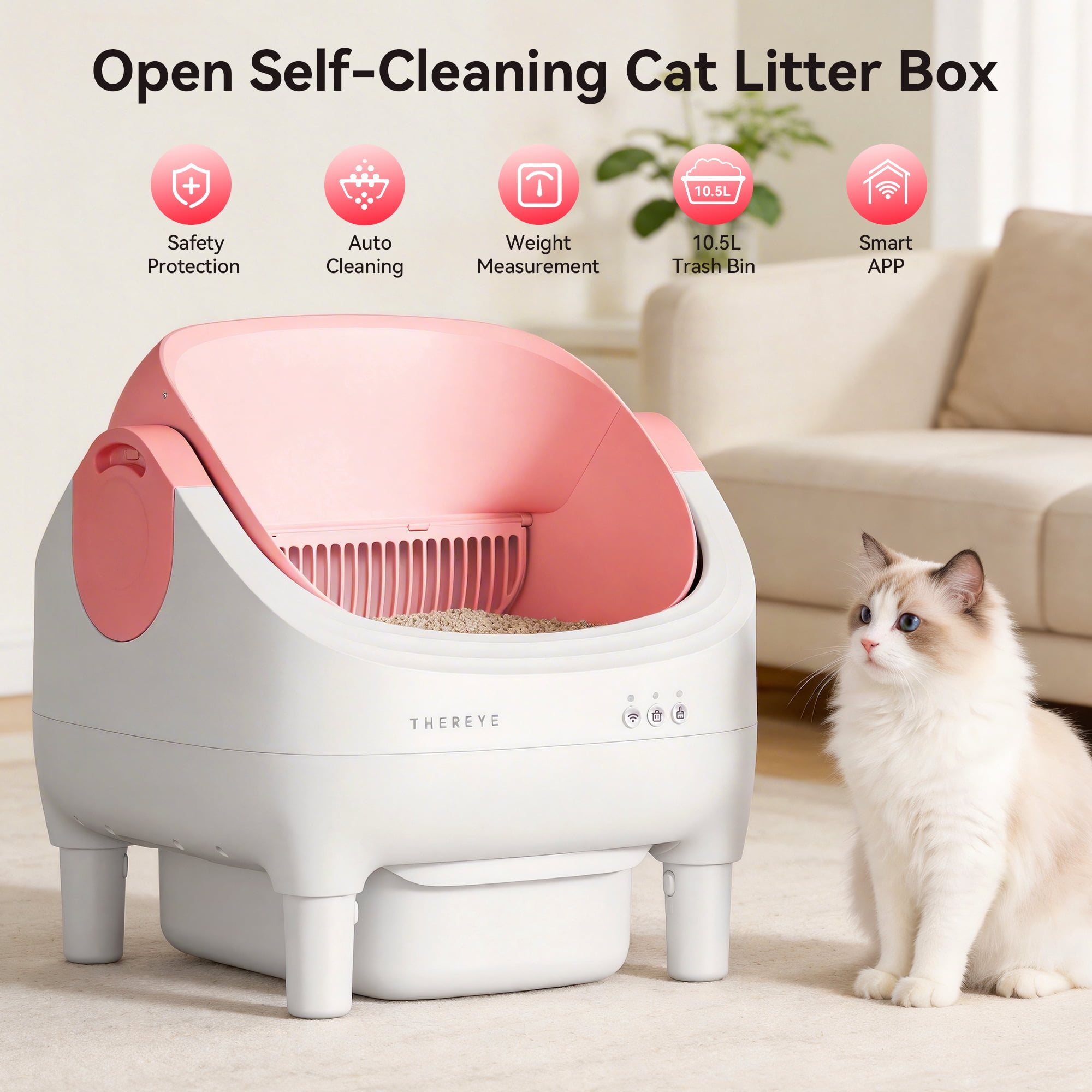 Osoeri Self Cleaning Cat Litter Box, Automatic Litter Box Self Cleaning ,Open Top Large Litter Box for Multiple Cats,with Safety Protection, APP Control,Odor Removal,Mat and Waste Bags Included, Pink
