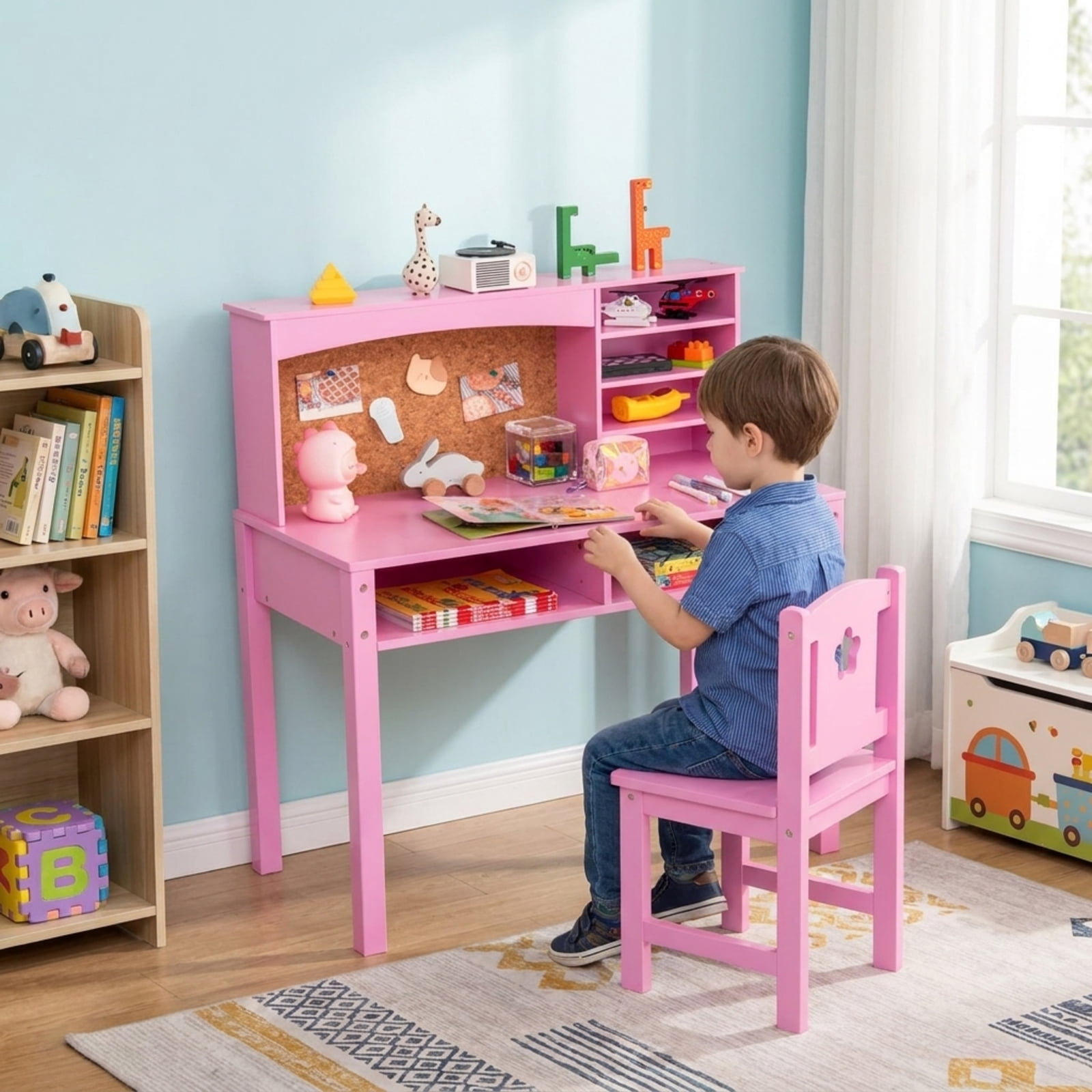 Furnibear Kids Desk and Chair Set with Hutch and Bulletin Board, Children Study Desk and Chair with Storage, Kids Writing Desk, Pink