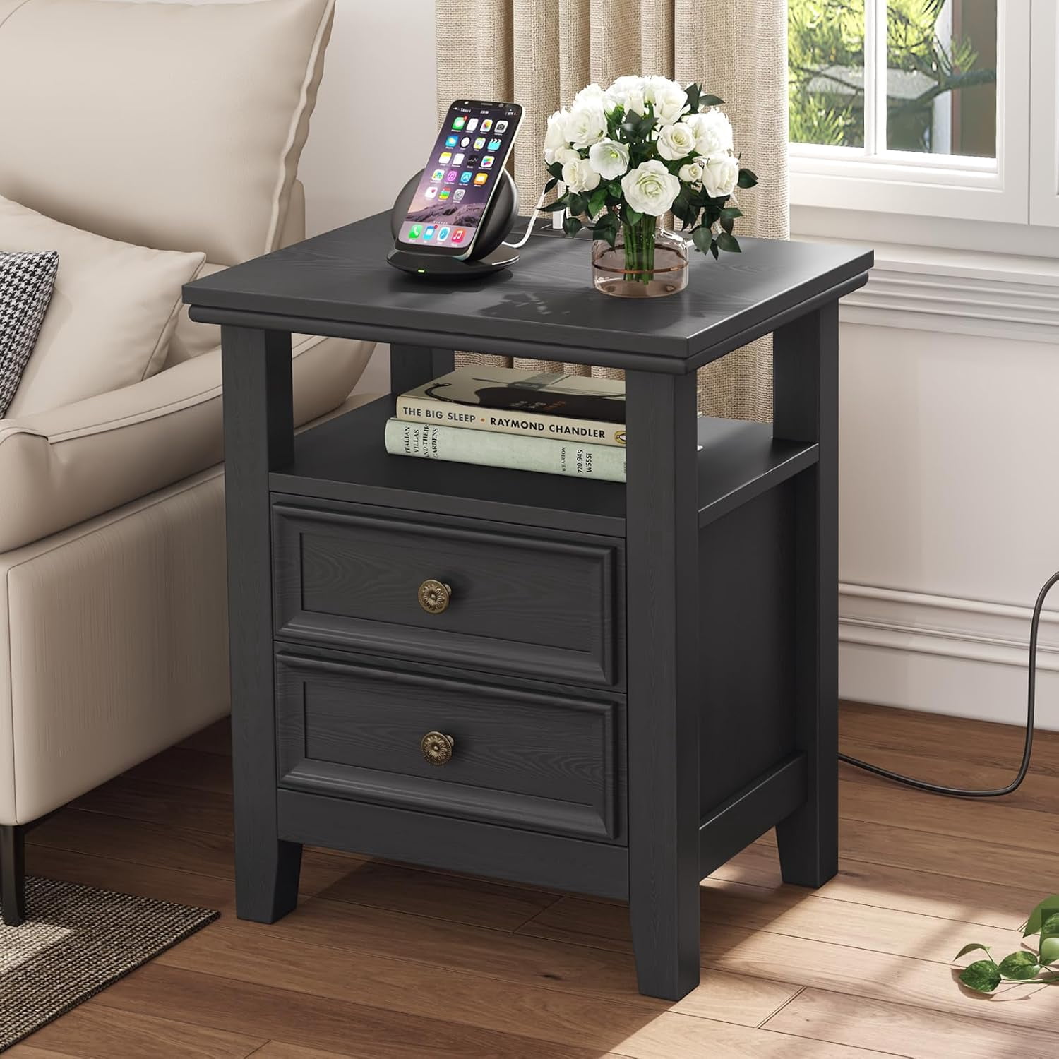 BOSHIRO Black Nightstand with Charging Station, 2-Drawer Modern Bedside End Table with USB Ports & AC Outlets, Night Stand with Open Shelf