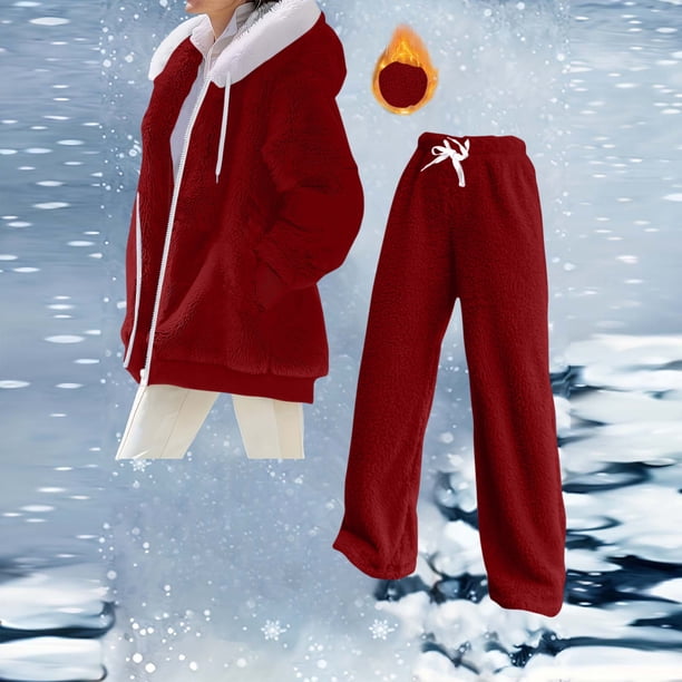 HongQid Womens 2 Piece Sweatsuit Set Sherpa Winter Coats Fleece Zip Up Jackets Warm Plush Hooded Plus Size Winter Coats Oversized Fuzzy Jackets with Pants