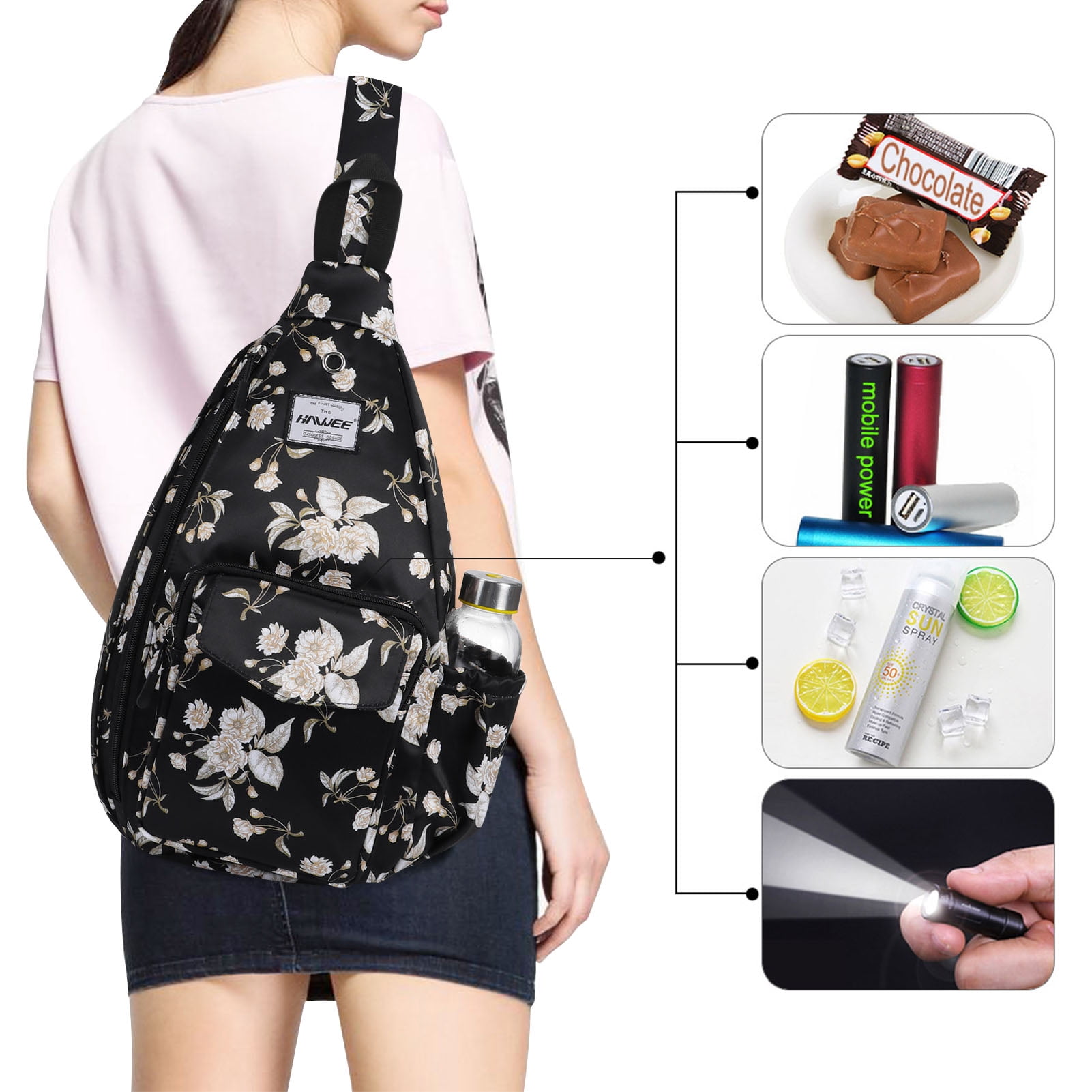HAWEE Rope Sling Bag for Women and Men Casual Cross Body Backpack Adjustable Anti-slip Strap/ Bottle Pocket/ Earphone Hole for Travel Hiking Sports, Beige Flower